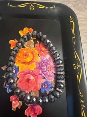 Black Faceted Bead Stretch Bracelet with Rhinestone Spacers